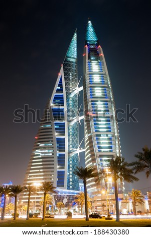 MANAMA, BAHRAIN - FEBRUARY 25, 2009: Bahrain World Trade Center - The skyscraper is a 240-meter high and the first skyscraper in the world to integrate wind turbines into its design.