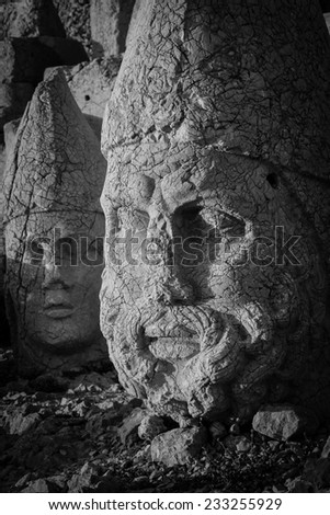 Nemrut mount, Turkey - Ancient stone heads representing the gods of the Kommagene kingdom - Black and White toned
