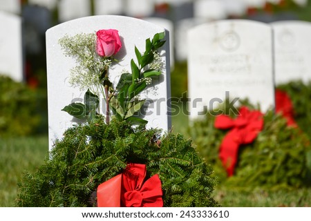 Washington DC - Arlington National Cemetery gravestones with Christmas wreaths