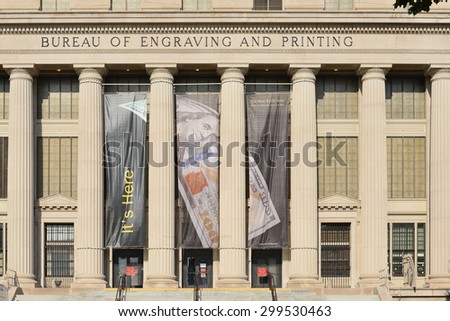WASHINGTON D.C. - JUNE 26 2014: United States Bureau of Engraving and Printing Building. BEP\'s main function is to develop and produce United States currency notes, trusted worldwide.