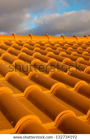 Roof tiles and moody sky:  Close-up of recently installed roof tiles, with dark clouds and blue sky in the background (Spiderwebs and mossy edges can be seen in some of the tiles)