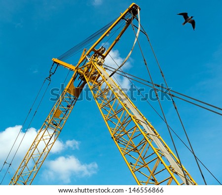 A yellow crane raises against a blue sky, its strong lines and angles of metal and cables contrasted by the gentle shape of a flying seagull