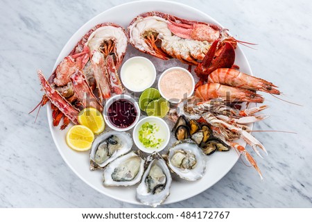 Fresh seafood plate with lobster, mussels and oysters