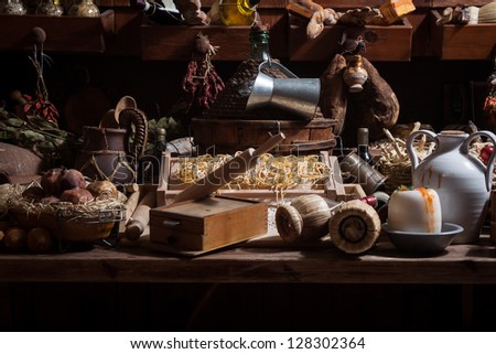 Collection of a variety of items and foods belonging to the italian culinary tradition