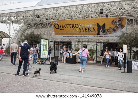 MILAN, ITALY - JUNE 8: Quattrozampe in fiera exhibition in Milan, JUNE 8, 2013. People and dogs visit Quattrozampe in fiera exhibition, important event dedicated to dogs and their owners.