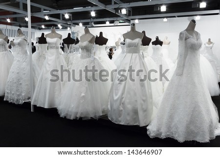 MILAN, ITALY - JUNE 21:  Beautiful wedding dresses on mannequins at SposaItalia, international exhibition of bridal and formal wear according to Italian style, on JUNE 21, 2013 in Milan
