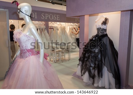 MILAN, ITALY - JUNE 21:  Elegant formal dresses on mannequins at SposaItalia, international exhibition of bridal and formal wear according to Italian style, on JUNE 21, 2013 in Milan