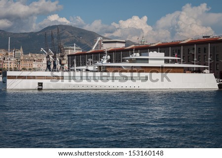 GENOA, ITALY - AUGUST, 28: Steve Jobs\' luxury yacht in the port on August 28, 2013 in Genoa. Designed by Philippe Starck it is a 260 feet super yacht featuring state-of-the-art aluminum hull.