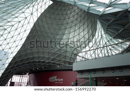 MILAN, ITALY - OCTOBER 3: Architectural detail of one of the buildings hosting Made expo, international architecture and building trade show on OCTOBER 3, 2013 in Milan.