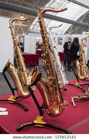 MILAN, ITALY - OCTOBER 20: Saxophone on display at Milano Guitars & Beyond 2013, important trade show of string instruments with specific attention to guitars on OCTOBER 20, 2013 in Milan.