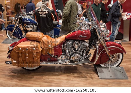 MILAN, ITALY - NOVEMBER 7: Indian motorbike with leather bags at EICMA, international motorcycle exhibition on NOVEMBER 7, 2013 in Milan.