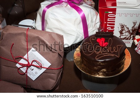 MILAN, ITALY - NOVEMBER 16: Chocolate cake at Golosaria, important event dedicated to culture and tradition of quality food and wine on NOVEMBER 16, 2013 in Milan.