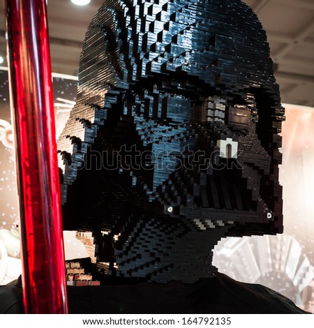 MILAN, ITALY - NOVEMBER 22: Lego Darth Vader\'s head at G! come giocare, trade fair dedicated to games, toys and children on NOVEMBER 22, 2013 in Milan.