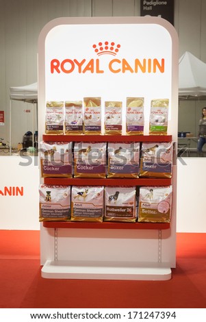 MILAN, ITALY - JANUARY 11: Pet food on display at the international dogs exhibition of Milan, the most important dog show in Italy, on JANUARY 11, 2014 in Milan.