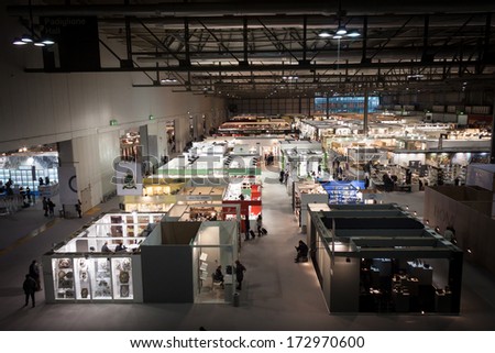 MILAN, ITALY - JANUARY 20: Top view of booths and people at HOMI, home international show and point of reference for all those in the sector of interior design on JANUARY 20, 2014 in Milan.