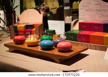 MILAN, ITALY - FEBRUARY 7: Natural bath soaps on display at Olis Festival, event dedicated to holistic disciplines, alternative medicine and natural food on FEBRUARY 7, 2014 in Milan.