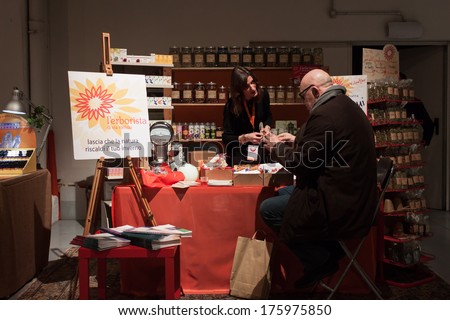 MILAN, ITALY - FEBRUARY 7: Herbalist stall at Olis Festival, event dedicated to holistic disciplines, alternative medicine and natural food on FEBRUARY 7, 2014 in Milan.