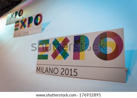 MILAN, ITALY - FEBRUARY 13: Expo 2015 logo at Bit, international tourism exchange reference point for the travel industry on FEBRUARY 13, 2014 in Milan.