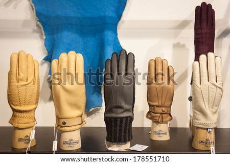 MILAN, ITALY - FEBRUARY 22: Leather gloves on display at Mipap, international presentation of women\'s pret-a-porter and accessories on FEBRUARY 22, 2014 in Milan.