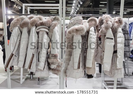 MILAN, ITALY - FEBRUARY 22: Coats on display at Mipap, international presentation of women\'s pret-a-porter and accessories on FEBRUARY 22, 2014 in Milan.