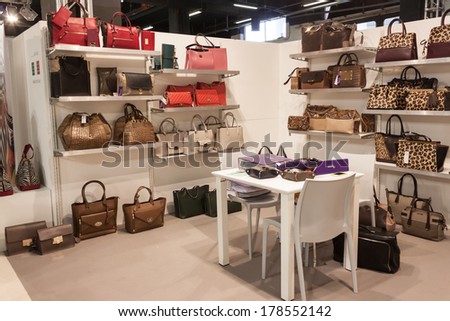 MILAN, ITALY - FEBRUARY 22: Bags on display at Mipap, international presentation of women\'s pret-a-porter and accessories on FEBRUARY 22, 2014 in Milan.