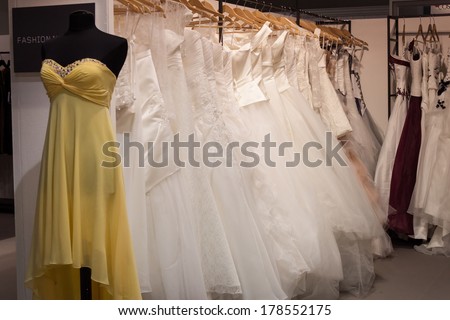 MILAN, ITALY - FEBRUARY 22: Wedding dresses on display at Mipap, international presentation of women\'s pret-a-porter and accessories on FEBRUARY 22, 2014 in Milan.