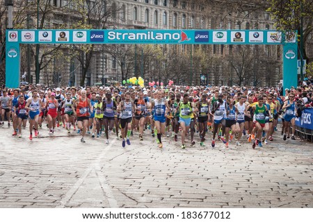 MILAN, ITALY - MARCH 23: Athletes take part in Stramilano, traditional half marathon through the city streets on MARCH 23, 2014 in Milan.