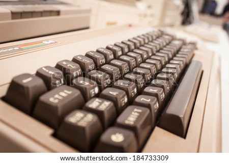 MILAN, ITALY - MARCH 30: Detail of vintage computer keyboard on display at Robot and Makers Milano Show, event dedicated to robotics and makers on MARCH 30, 2014 in Milan.