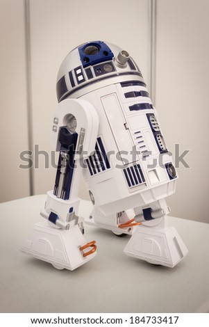 MILAN, ITALY - MARCH 30: R2-D2 model on display at Robot and Makers Milano Show, event dedicated to robotics and makers on MARCH 30, 2014 in Milan.