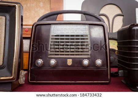 MILAN, ITALY - MARCH 30: Vintage radio on display at Robot and Makers Milano Show, event dedicated to robotics and makers on MARCH 30, 2014 in Milan.