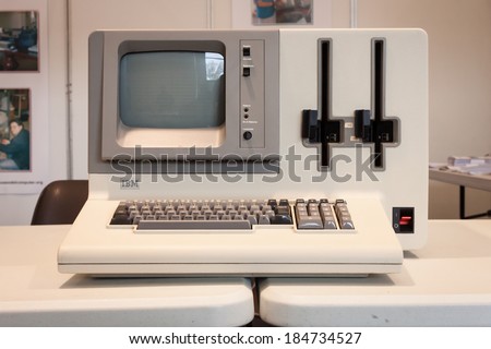 MILAN, ITALY - MARCH 30: Vintage computer on display at Robot and Makers Milano Show, event dedicated to robotics and makers on MARCH 30, 2014 in Milan.