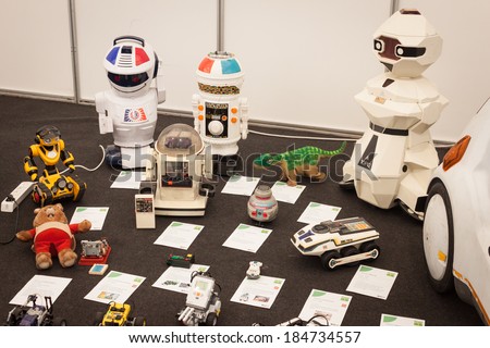 MILAN, ITALY - MARCH 30: Vintage robotic toys on display at Robot and Makers Milano Show, event dedicated to robotics and makers on MARCH 30, 2014 in Milan.