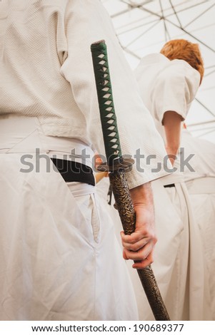 MILAN, ITALY - APRIL 27: Detail of katana sword at Orient Festival, event dedicated to Oriental culture and traditions on APRIL 27, 2014 in Milan.