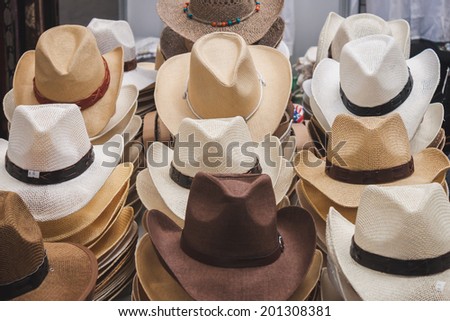 MILAN, ITALY - JUNE 22: Cowboy hats on display at Rocking The Park, event dedicated to American music and lifestyle of the 40s, 50s and 60s on JUNE 22, 2014 in Milan.