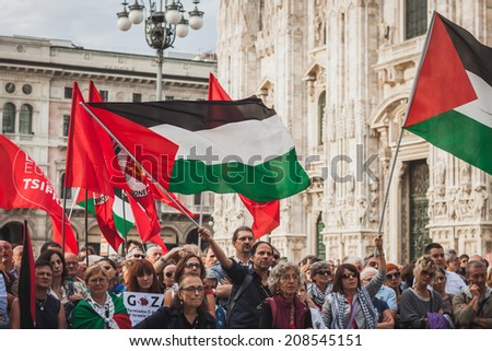 MILAN, ITALY - JULY 30: People protest against Gaza strip bombing in solidarity with Palestinians on JULY 30, 2014 in Milan.