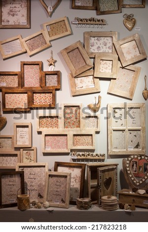 MILAN, ITALY - SEPTEMBER 13: Wooden frames on display at HOMI, home international show and point of reference for all those in the sector of interior design on SEPTEMBER 13, 2014 in Milan.
