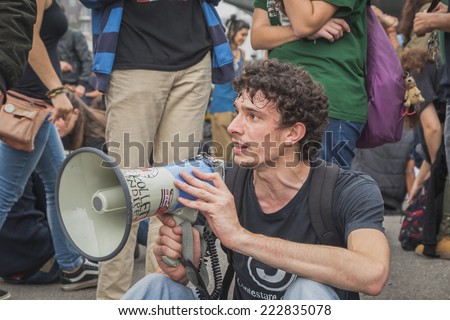 MILAN, ITALY - OCTOBER 10: Students inside the education agency building protest against money cuts in the public school on OCTOBER 10, 2014 in Milan.