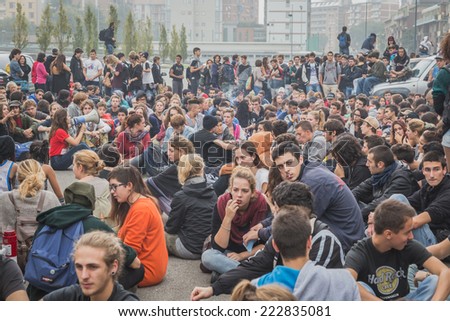MILAN, ITALY - OCTOBER 10: Students inside the education agency building protest against money cuts in the public school on OCTOBER 10, 2014 in Milan.