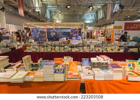 MILAN, ITALY - OCTOBER 10: Bookstore at Yoga Festival, event dedicated to yoga, meditation and healthy lifestyle on OCTOBER 10, 2014 in Milan.