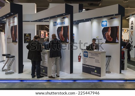 MILAN, ITALY - OCTOBER 22: People visit Smau, international exhibition of information communications technology on OCTOBER 22, 2014 in Milan.