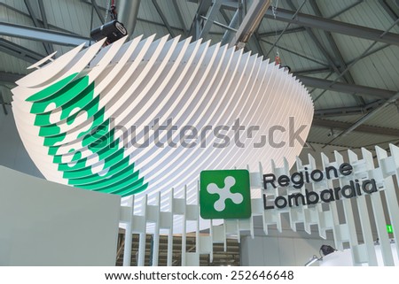 MILAN, ITALY - FEBRUARY 13: Regione Lombardia logo at Bit, international tourism exchange reference point for the travel industry on FEBRUARY 13, 2015 in Milan.