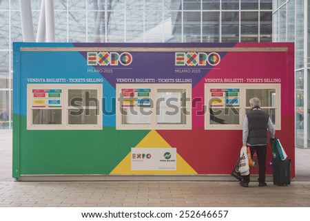 MILAN, ITALY - FEBRUARY 13: Expo tickets selling booth at Bit, international tourism exchange reference point for the travel industry on FEBRUARY 13, 2015 in Milan.
