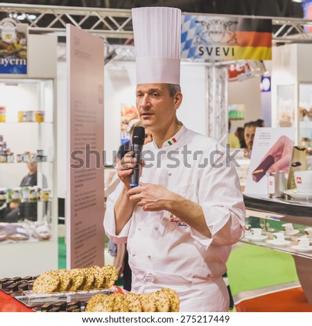 MILAN, ITALY - MAY 4: Chef working at Tuttofood, world food exhibition on MAY 4, 2015 in Milan.