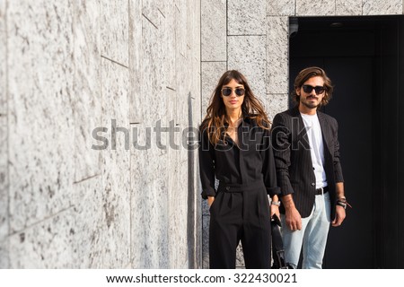 MILAN, ITALY - SEPTEMBER 26: People gather outside Colangelo fashion show building for Milan Women\'s Fashion Week on SEPTEMBER 26, 2015  in Milan.