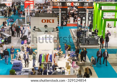 MILAN, ITALY - OCTOBER 16: Top view of booths and people at Viscom, international trade fair and conference on visual communication and event services on OCTOBER 16, 2015 in Milan.
