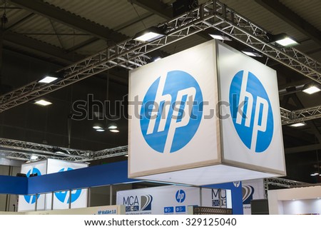 MILAN, ITALY - OCTOBER 16: Detail of HP stand at Viscom, international trade fair and conference on visual communication and event services on OCTOBER 16, 2015 in Milan.