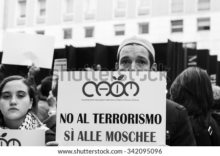 MILAN, ITALY - NOVEMBER 21: The Muslim Community demonstrates against every kind of terrorism in the name of Islamic religion on NOVEMBER 21, 2015 in Milan.