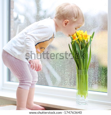 Pretty Blonde Toddler Girl Smelling Beautiful Narcissus Standing On The Kitchen Table Next To A Big Window With Garden View