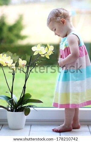 Pretty Blonde Toddler Girl Smelling Beautiful Orchid Standing On The Tiles Floor Next To A Big Window With Garden View