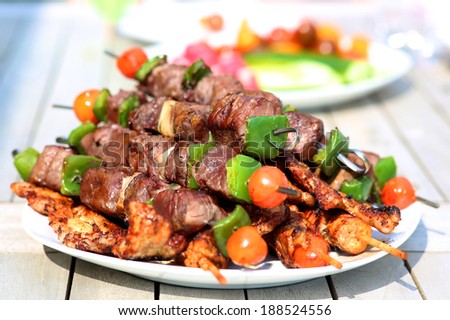 Assorted delicious grilled meat with vegetable on white plate on picnic table for family bbq party